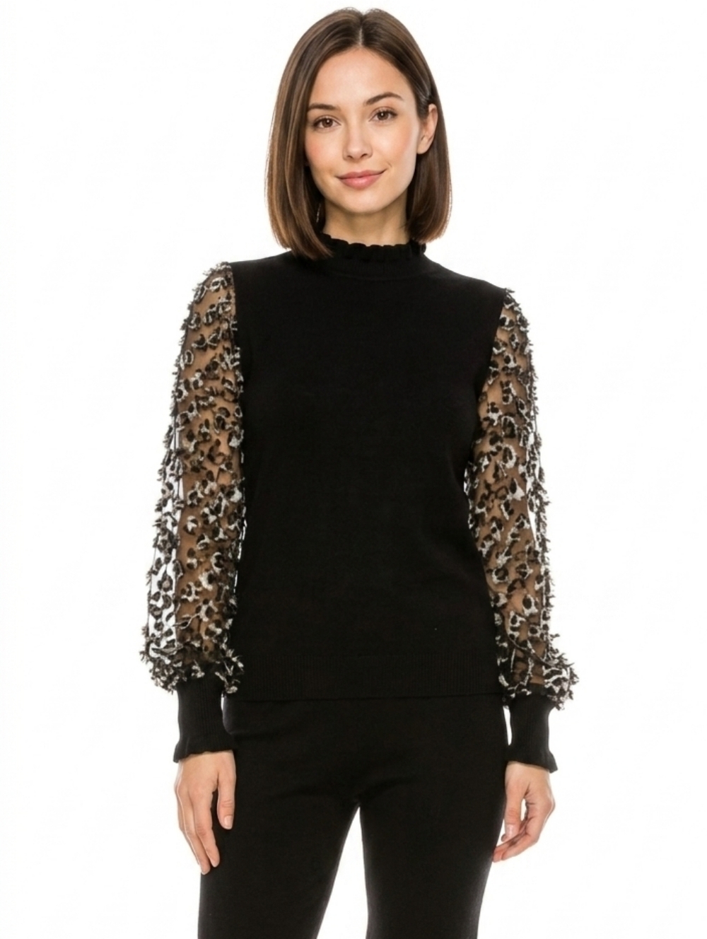 NWT Siani Milano Black Sweater Sheer Leopard Print Puff Sleeves Large